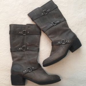 Nurture Gray Boots with Buckle Accents
